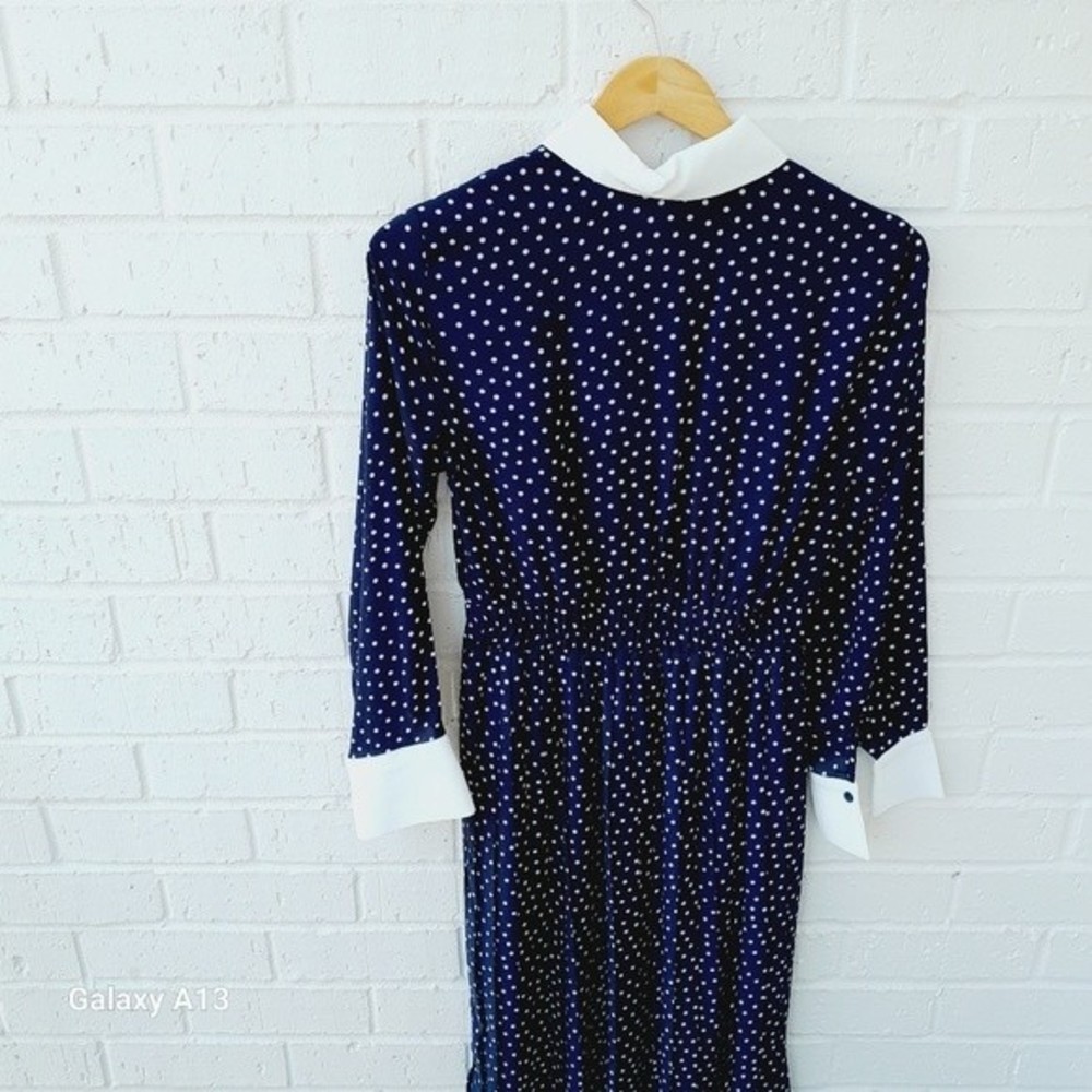 Zara Navy Blue Polka Dot Midi Dress with White Collar - Picture 2 of 7